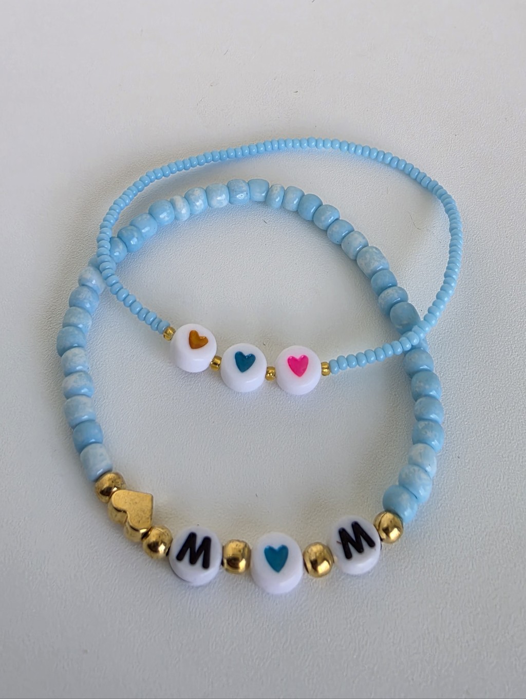 Handmade Blue Beaded Bracelet Set Heart Stackable Stretch Bracelet